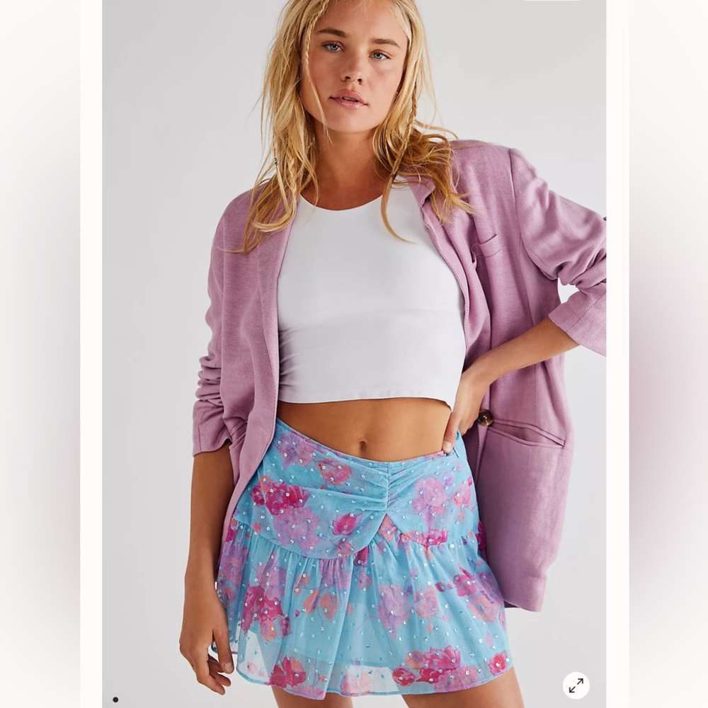 Free People LoveShackFancy Lindona Mesh Tulle Overlay Embellished Mini Skirt 4 - Picture 1 of 7